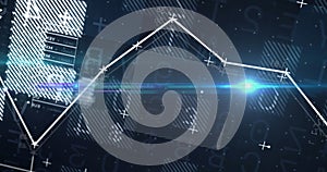 Image of light spot over statistical data processing against blue background