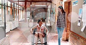 Image of light spots over disabled biracial student with friend