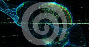 Image of light trails, globe and data processing over black background