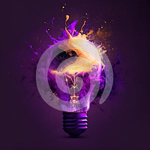 Image of lightbulb with colourful stains on dark background, created using generative ai technology