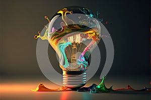 Image of lightbulb with colourful stains on dark background, created using generative ai technology