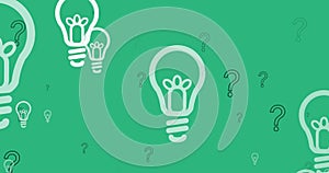 Image of lightbulb icons over question marks on green background