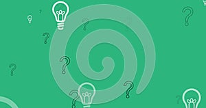 Image of lightbulb icons over question marks on green background