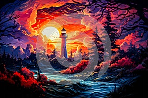 Image of lighthouse in the middle of sunset. Generative AI