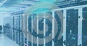 Image of lines flickering and markers moving over computer servers in background