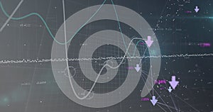 Image of lines and numbers changing, arrows and data processing over grid