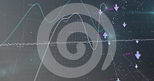 Image of lines and numbers changing, arrows and data processing over grid