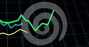 Image of lines tracking and financial data processing on black background