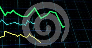 Image of lines tracking and financial data processing on black background