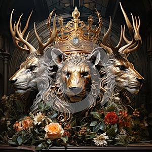 Image of a lion and a deer with a crown