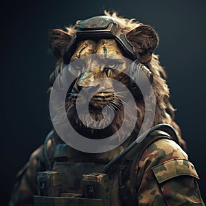 Image of a lion dressed in a tactical military outfit on a clean background. Wildlife Animals. Illustration, Generative AI