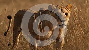 image of a lioness stalking her prey in the tall grass