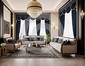 An image of a living room with white walls, dark wood furniture, and a chandelier hanging from the ceiling.