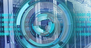 Image of loading circles and binary codes over data server racks in server room