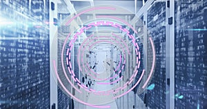 Image of loading circles over binary codes on data server racks in server room