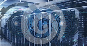 Image of loading circles over binary codes on data server racks in server room