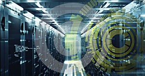 Image of loading circles over computer language against bars on server room