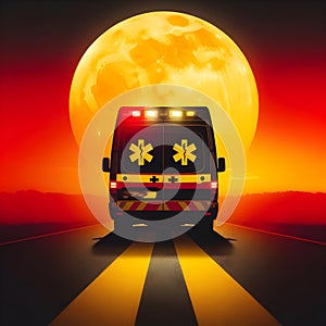 image of a lone vehicle driving off in the distance, yellow moon,sunset,black and red.