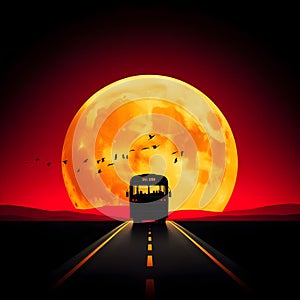 image of a lone vehicle driving off in the distance, yellow moon,sunset,black and red.