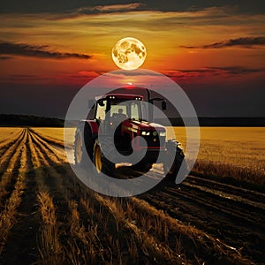 image of a lone vehicle driving off in the distance, yellow moon,sunset,black and red.