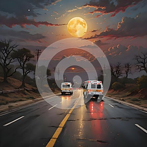 image of a lone vehicle driving off in the distance, yellow moon,sunset,black and red.