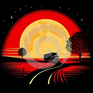 image of a lone vehicle driving off in the distance, yellow moon,sunset,black and red.