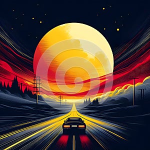image of a lone vehicle driving off in the distance, yellow moon,sunset,black and red.