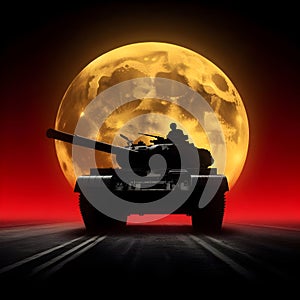 image of a lone vehicle driving off in the distance, yellow moon,sunset,black and red.