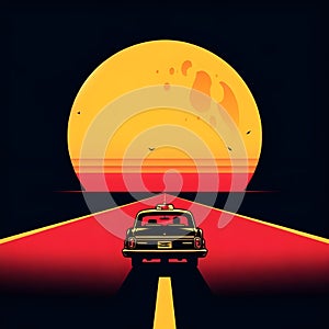 image of a lone vehicle driving off in the distance, yellow moon,sunset,black and red.