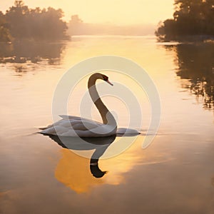 image of a lonely swan in the serene and beautiful environment of the lake.