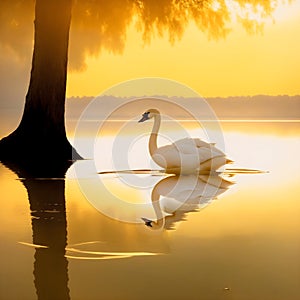 image of a lonely swan in the serene and beautiful environment of the lake.