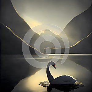 image of a lonely swan in the serene and beautiful environment of the lake.