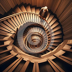 image of looking down, a paradoxical illusion, a wooden spiral staircase and someone walking.