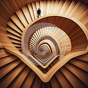 image of looking down, a paradoxical illusion, a wooden spiral staircase and someone walking.