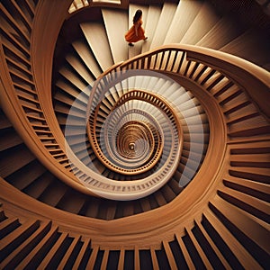 image of looking down, a paradoxical illusion, a wooden spiral staircase and someone walking.