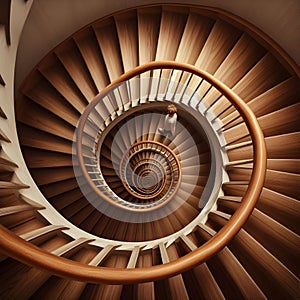 image of looking down, a paradoxical illusion, a wooden spiral staircase and someone walking.