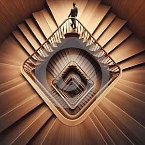 image of looking down, a paradoxical illusion, a wooden spiral staircase and someone walking.