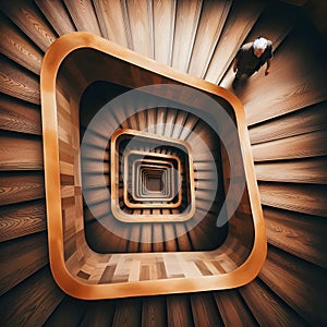 image of looking down, a paradoxical illusion, a wooden spiral staircase and someone walking.