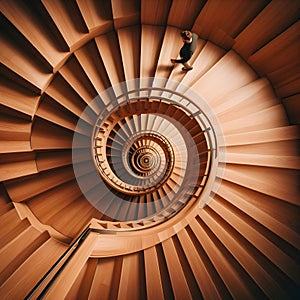 image of looking down, a paradoxical illusion, a wooden spiral staircase and someone walking.