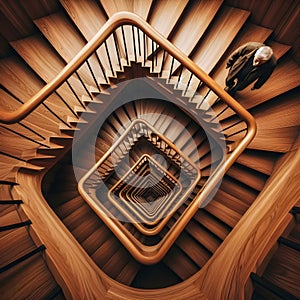 image of looking down, a paradoxical illusion, a wooden spiral staircase and someone walking.