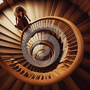 image of looking down, a paradoxical illusion, a wooden spiral staircase and someone walking.