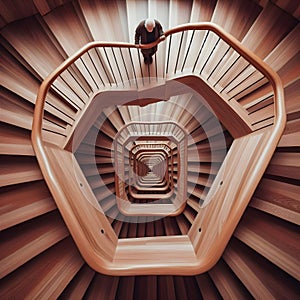 image of looking down, a paradoxical illusion, a wooden spiral staircase and someone walking.