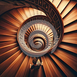 image of looking down, a paradoxical illusion, a wooden spiral staircase and someone walking.