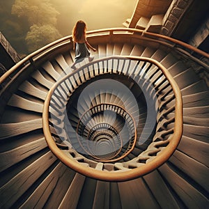 image of looking down, a paradoxical illusion, a wooden spiral staircase and someone walking.