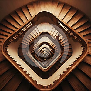 image of looking down, a paradoxical illusion, a wooden spiral staircase and someone walking.