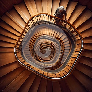 image of looking down, a paradoxical illusion, a wooden spiral staircase and someone walking.