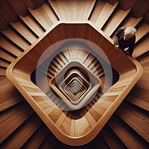 image of looking down, a paradoxical illusion, a wooden spiral staircase and someone walking.