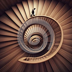 image of looking down, a paradoxical illusion, a wooden spiral staircase and someone walking.