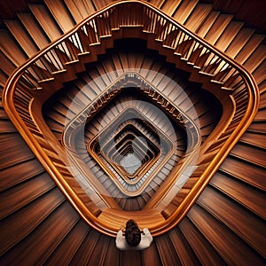 image of looking down, a paradoxical illusion, a wooden spiral staircase and someone walking.