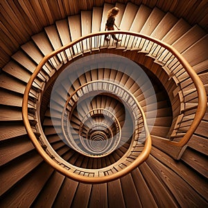 image of looking down, a paradoxical illusion, a wooden spiral staircase and someone walking.